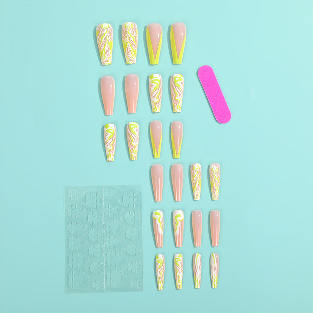Extra Long Coffin Press-On Nails – Neon Yellow Marble Swirl Acrylic Tips