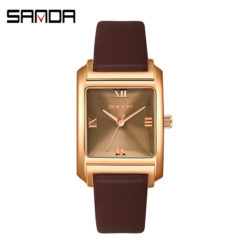 Sanda Women’s Leather Quartz Watch – Waterproof Small Dial Casual Square Fashion Watch