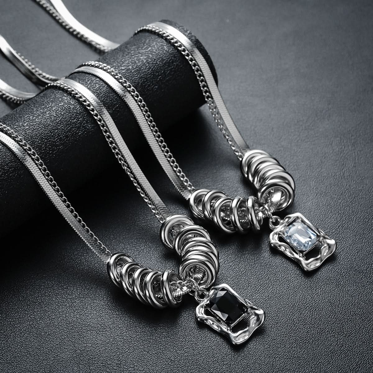 Men’s Double-Layer Ring Pendant Necklace – Zircon Inlay
