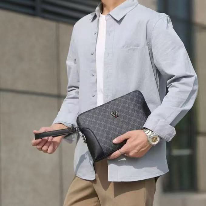 Men’s Retro Plaid PU Leather Clutch Bag – Large-Capacity Business Handbag