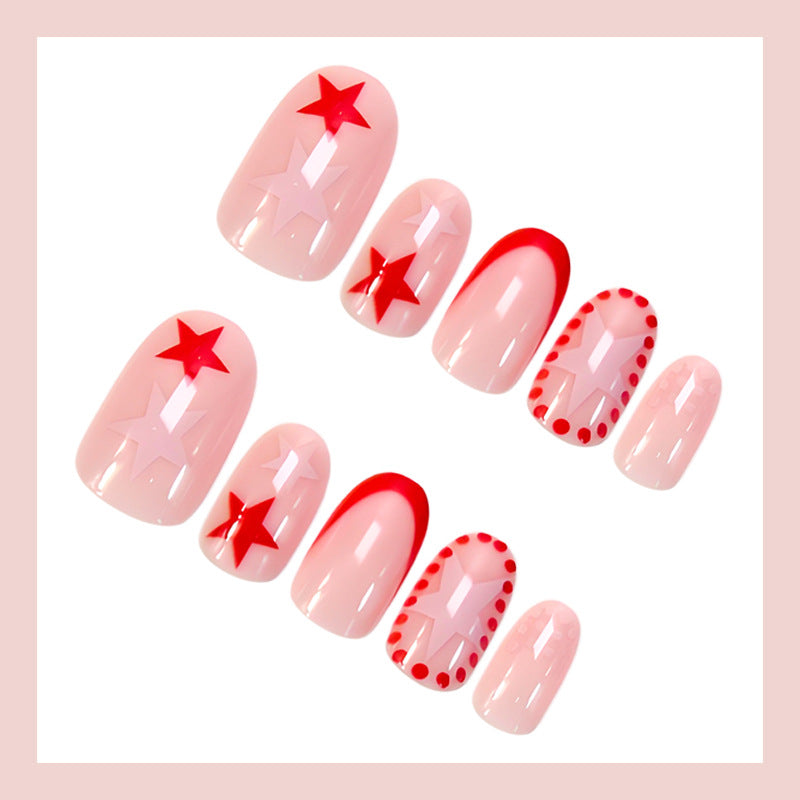 Red Star French Tip Press-On Nails – Trendy Oval Abstract Nail Art