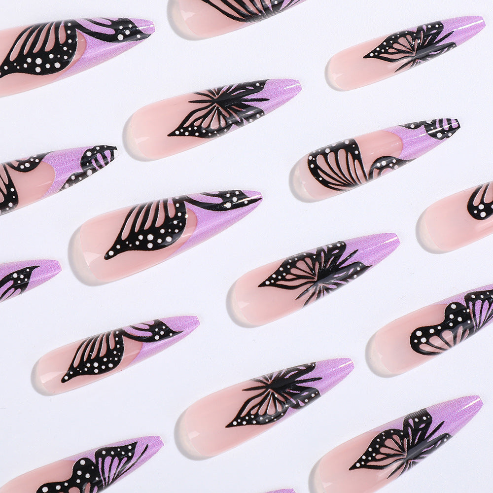 Long Stiletto Butterfly Press-On Nails – Trendy Purple Wing Design, Acrylic Glue-On Set