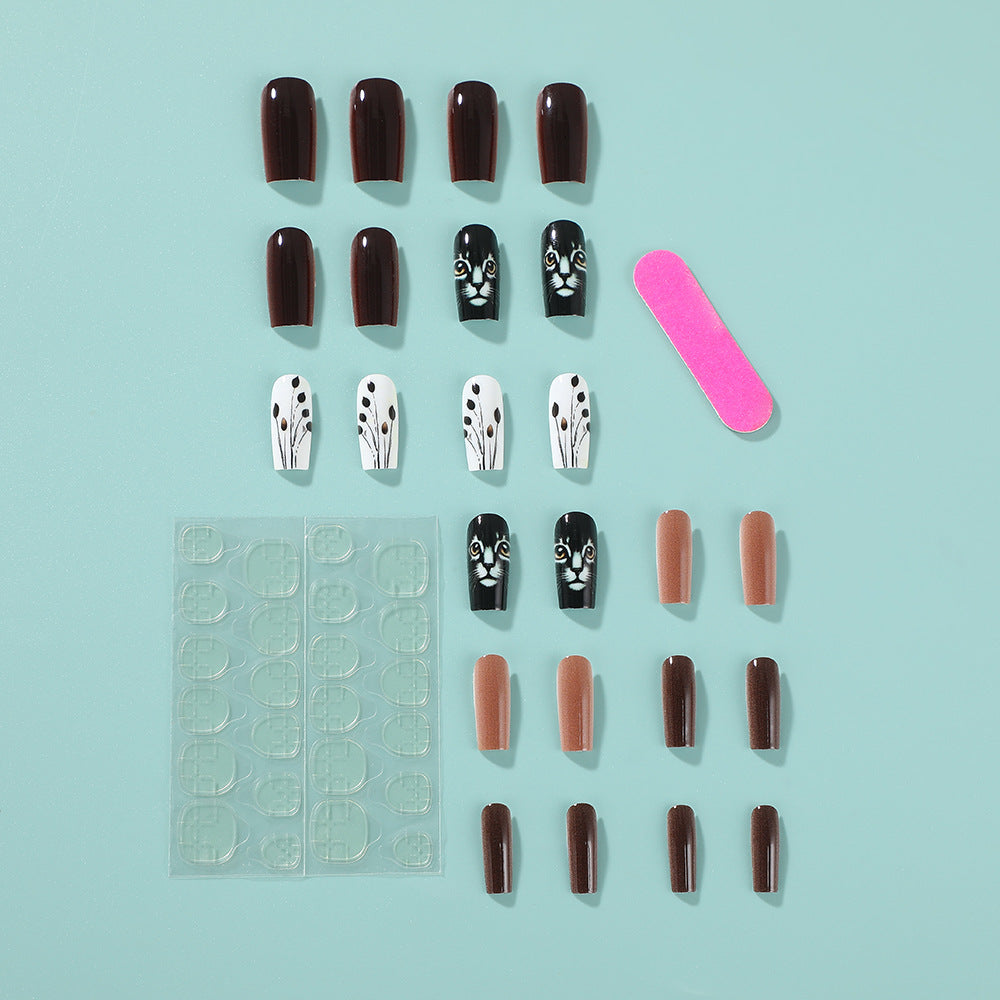 Artistic Glossy Press-On Nails – Long Acrylic with Cat & Leaf Design, Glue-On Nails