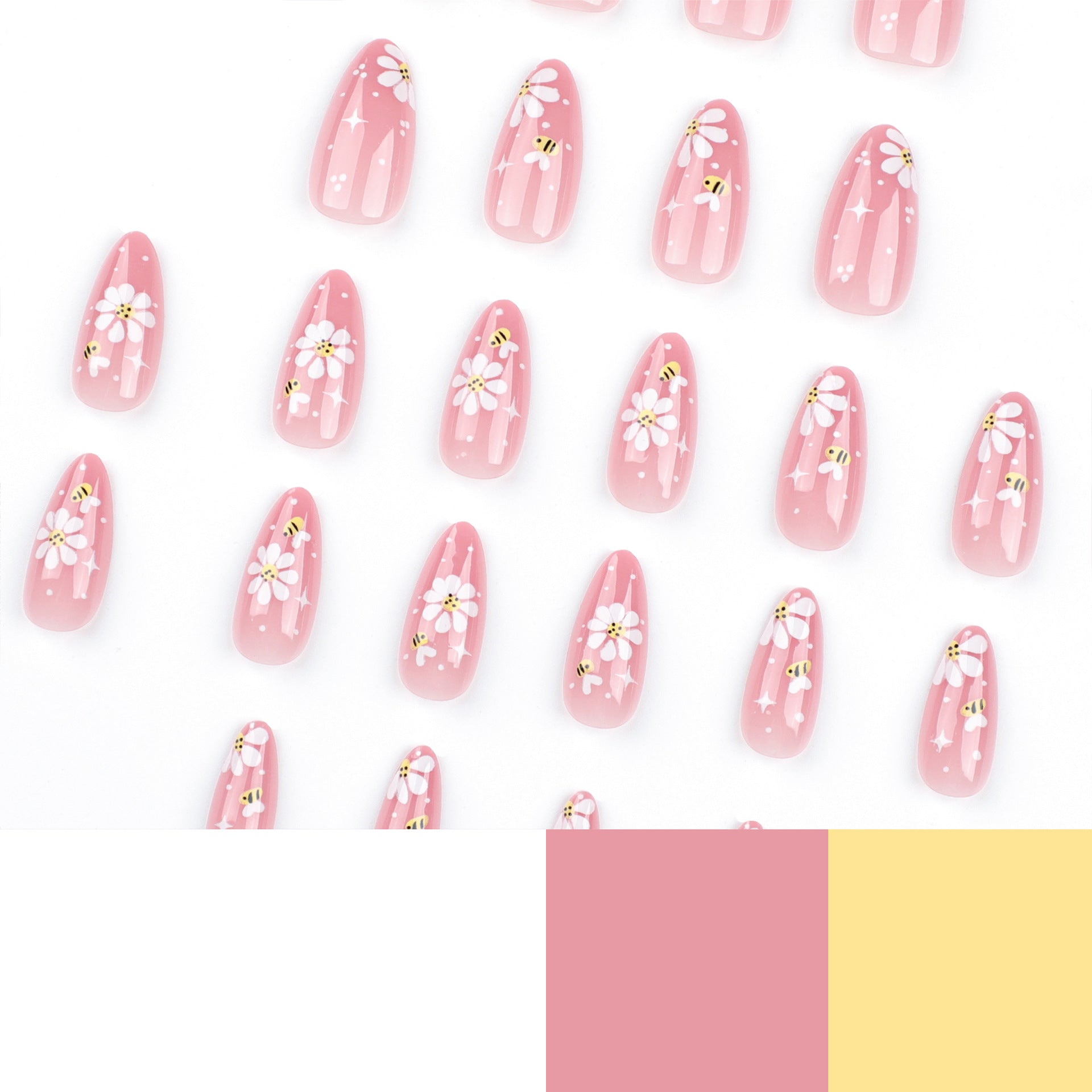 Cute Bee & Daisy Press-On Nails – Pink Almond Glossy Tips Nails