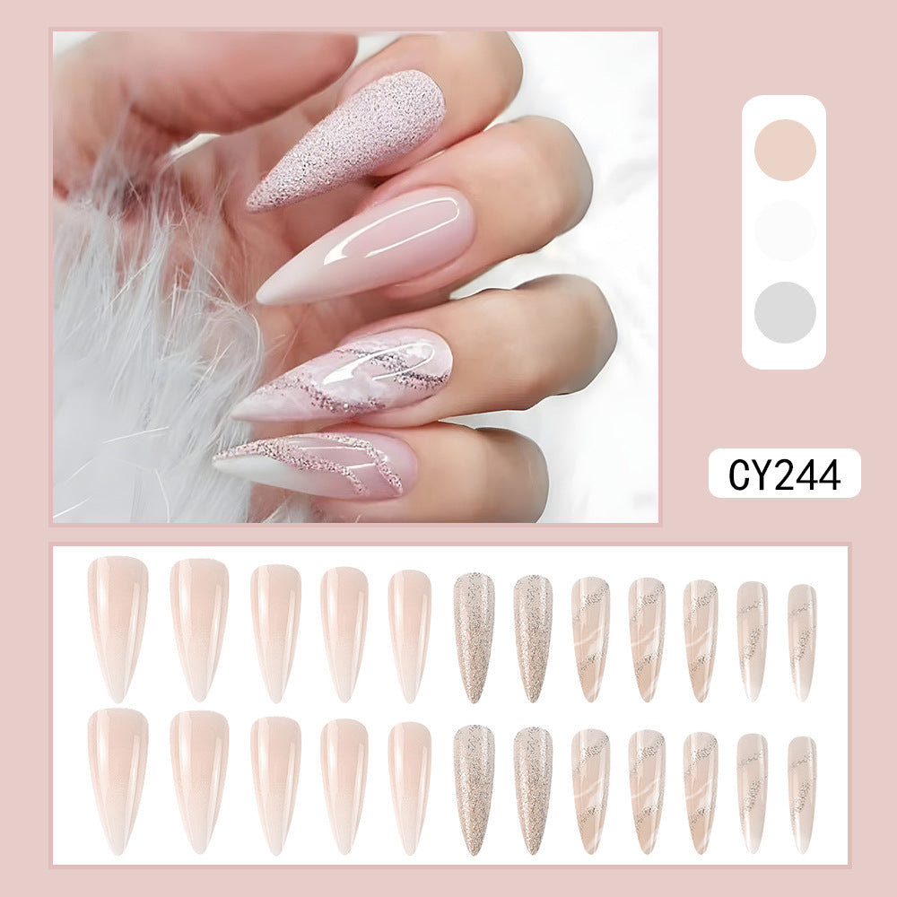 Glam Glitter Stiletto Press-On Nails – Long Pink & White Acrylic with Marble Gradient