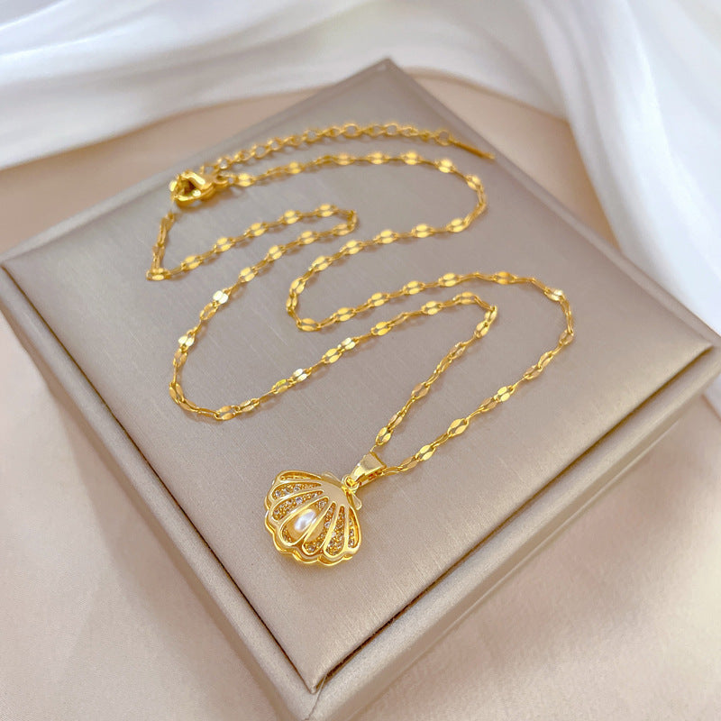 Luxury Zircon Shell Pearl Necklace – Titanium Steel Pendant with Micro-Inlaid Pearl