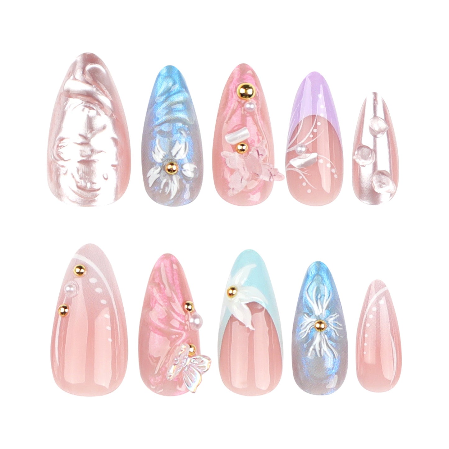 Elegant 3D Floral Stiletto Press-On Nails with Pearls – Long Acrylic Glue-On Nail Art
