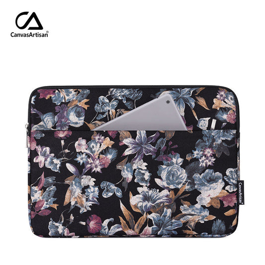 Black Vintage Floral Laptop Sleeve – Shock-Resistant Linen Case for Lenovo, Apple, HP & More