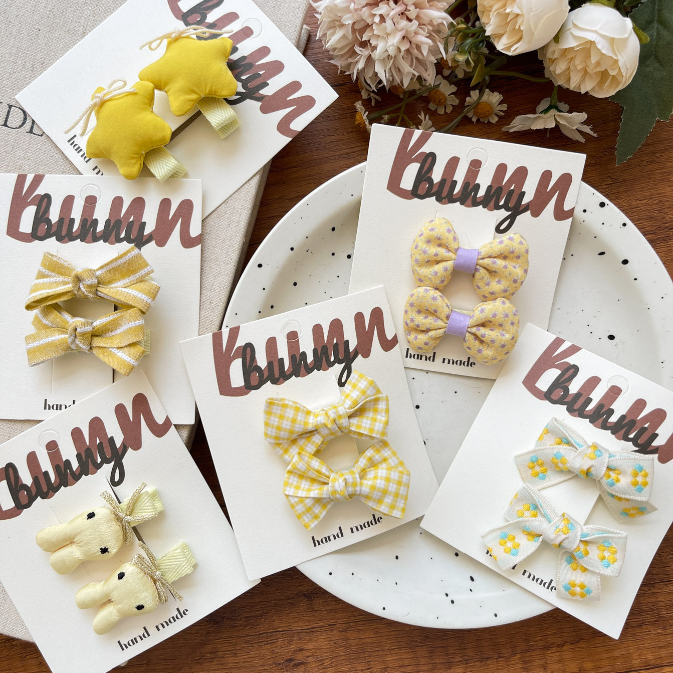Yellow Bow & Bunny Hair Clips for Girls – Cute Floral & Star Hairpins (1-pair)