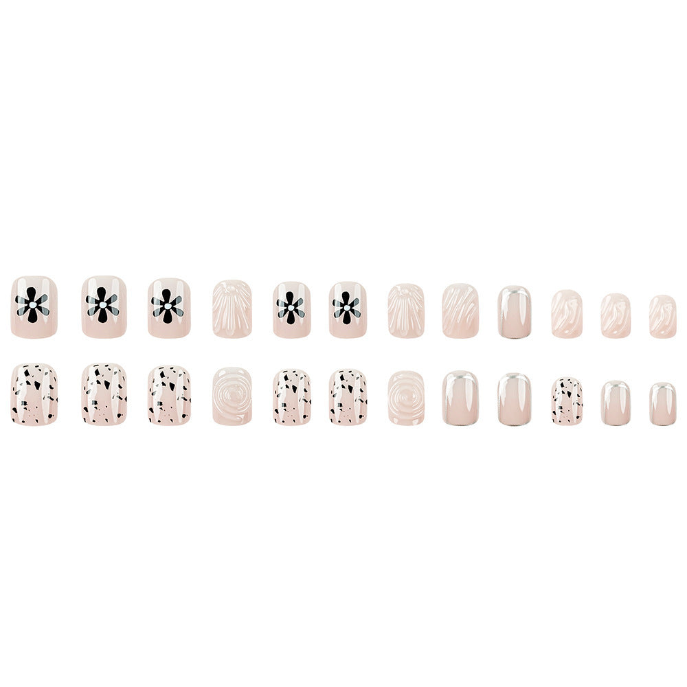 3D Floral Square Press-On Nails – Nude, Black & White Acrylic Tips with Swirl Design