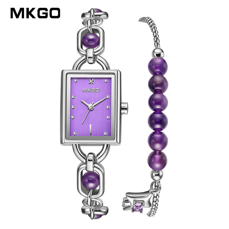 MKGO Retro Women’s Quartz Watch with Crystal Bracelet – Square Dial, Waterproof