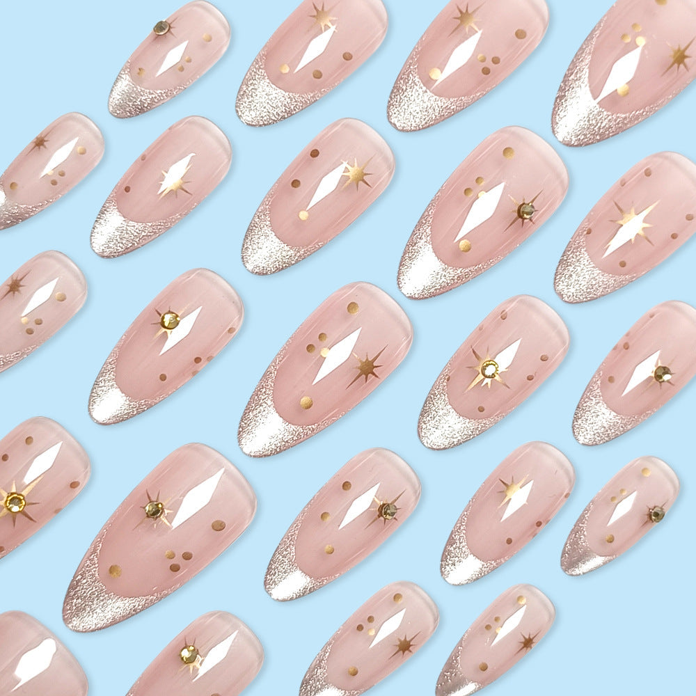 Cat Eye Press-On Nails – Metallic French Tip Stiletto Acrylic Nail Set with Starburst Design