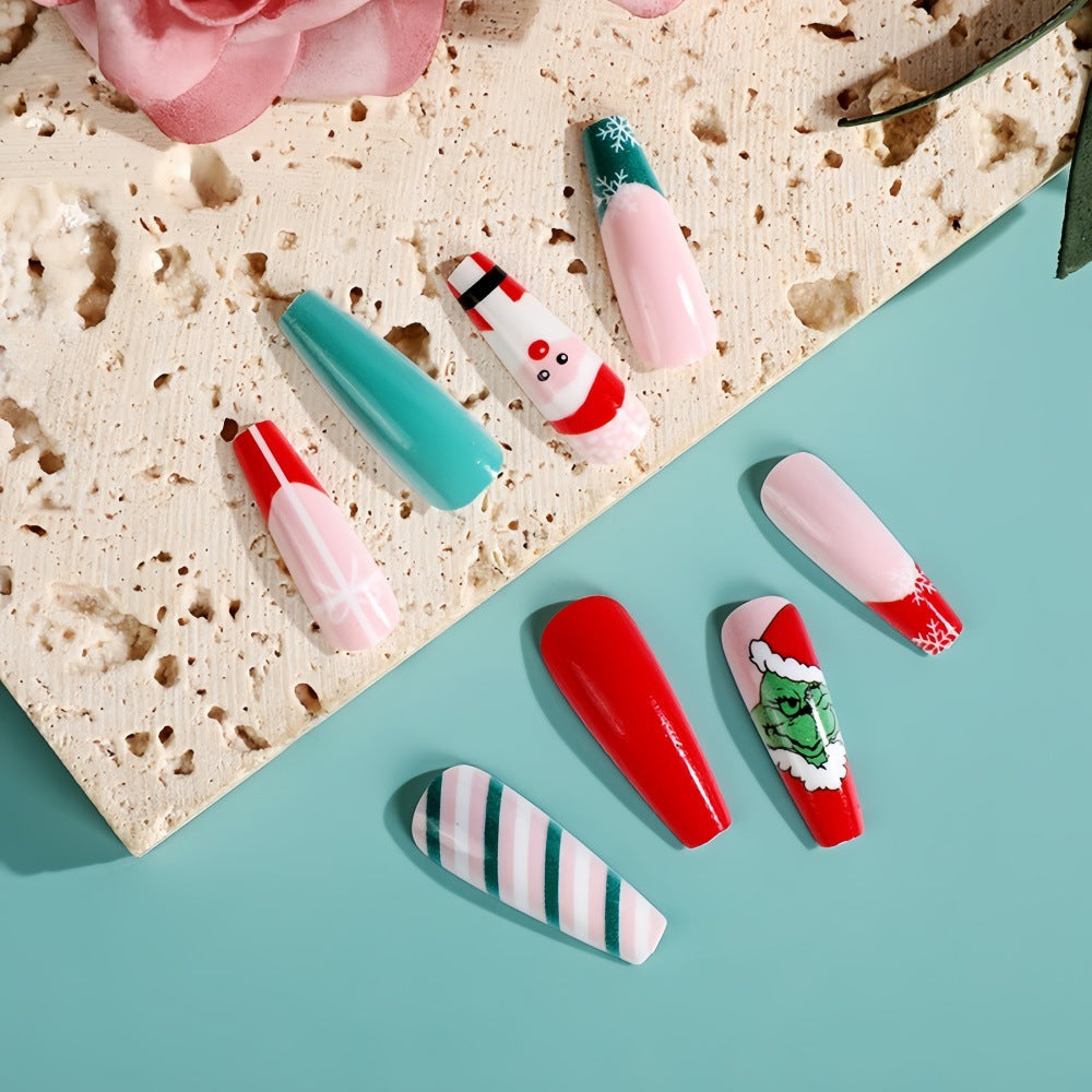 Festive Coffin Press-On Nails with Santa & Grinch Designs – Long Acrylic Glue-On Set