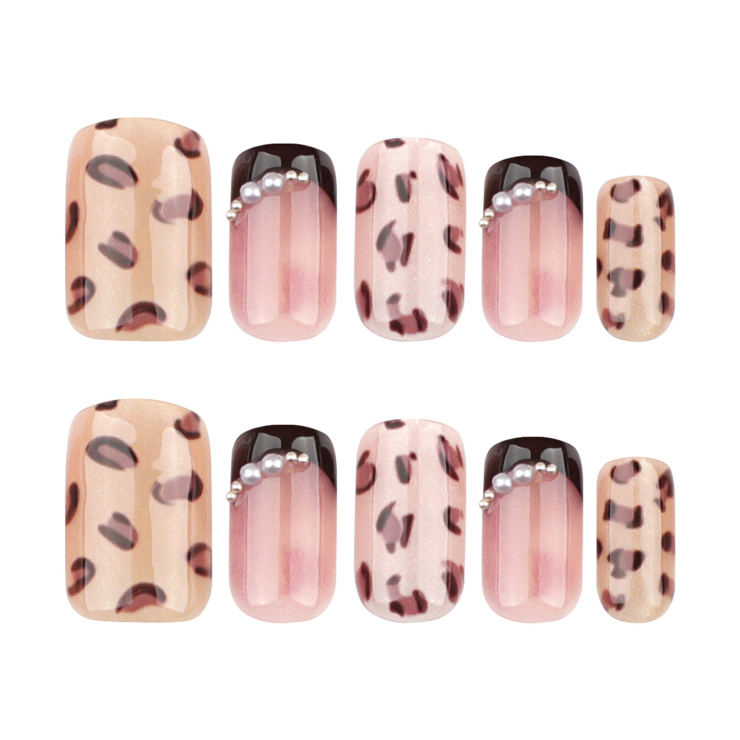 Leopard Print Press-on Nails – Glossy Square Gradient Design with Pearls