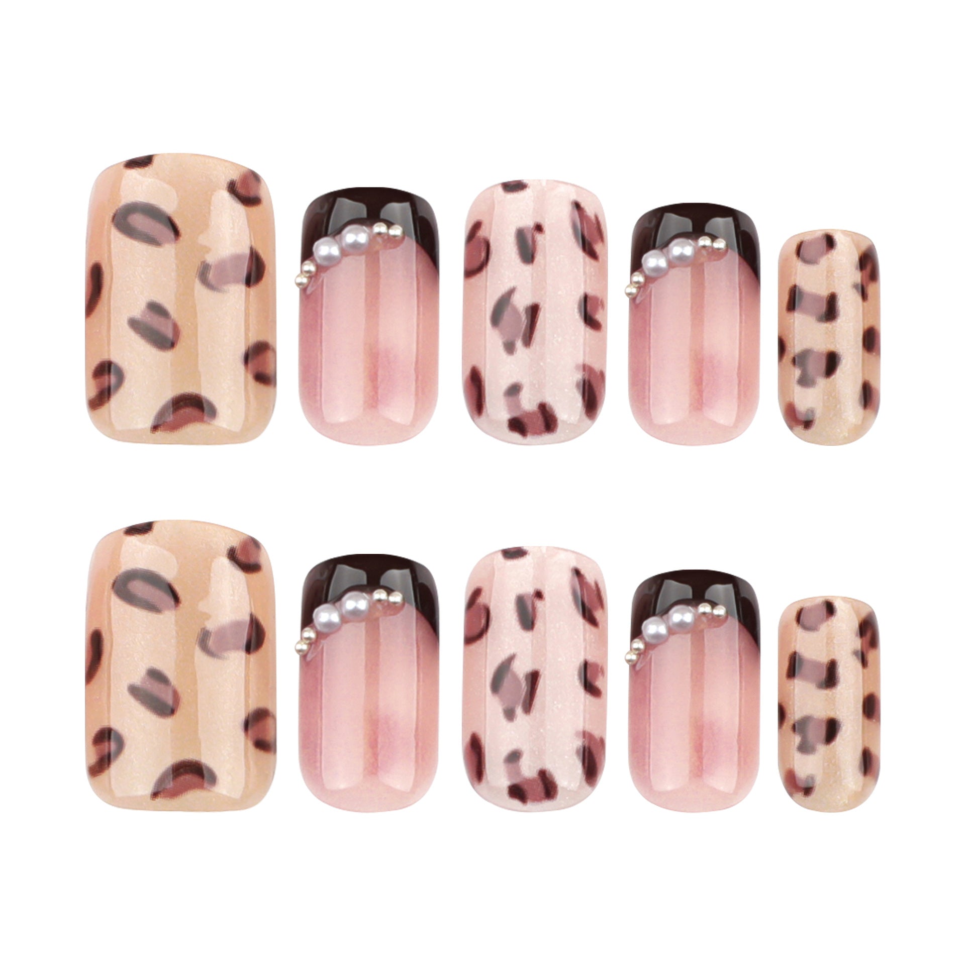 Leopard Print Press-on Nails – Glossy Square Gradient Design with Pearls