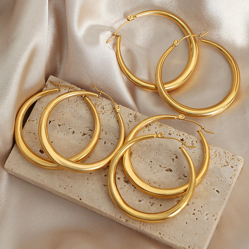 Gold-Tone Large Hoop Earrings for Women – Titanium Steel Statement Jewelry