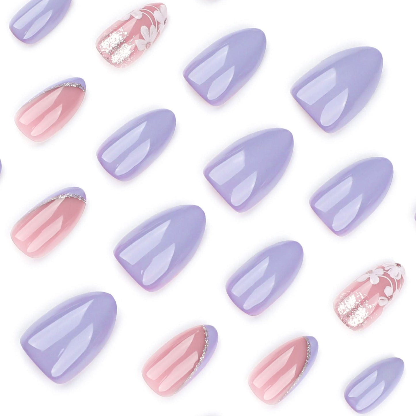 French Purple Press-On Nails – Beveled Tip Fake Nails with White Floral Design