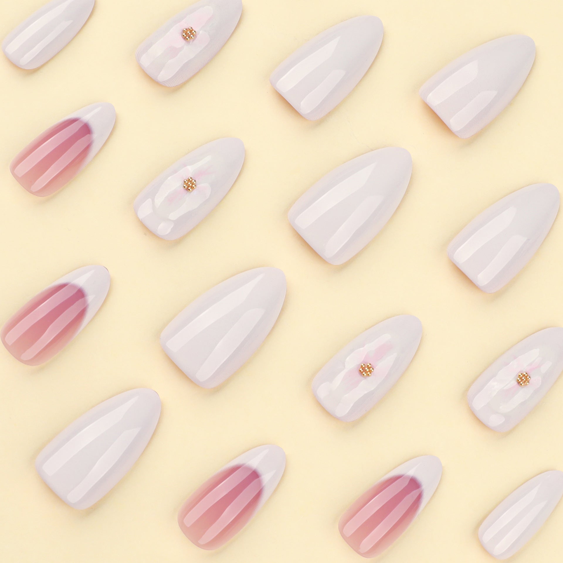 Elegant French Tip Press-On Nails – 3D Floral Almond Shape, Long Glossy Nude Pink