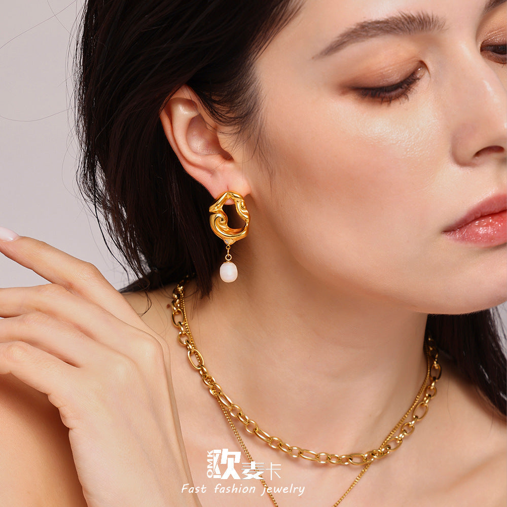 Baroque Chic Pearl Dangle Earrings – Irregular Hollow Design Jewelry
