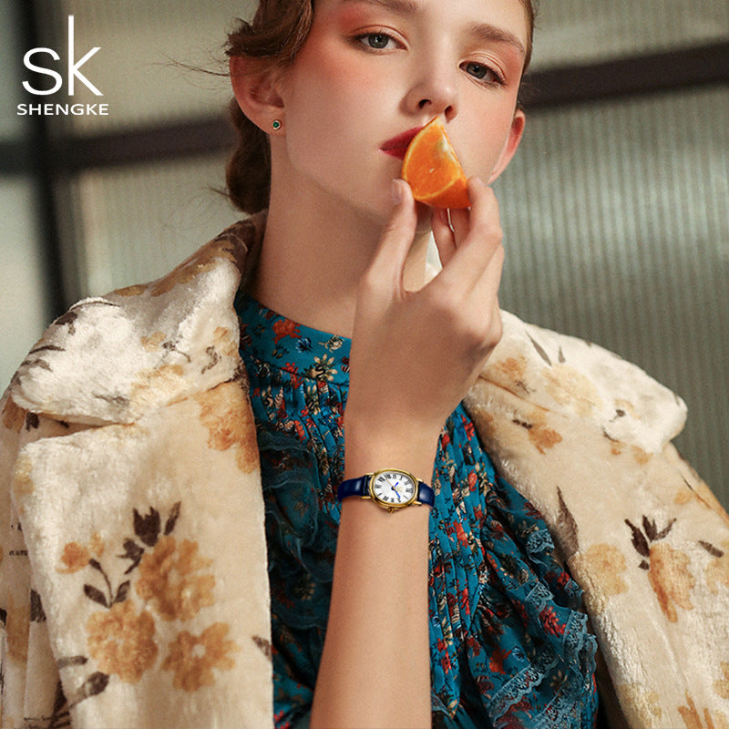 SK Women’s Retro Oval Quartz Watch – Leather Strap, 30M Waterproof Fashion Wristwatch