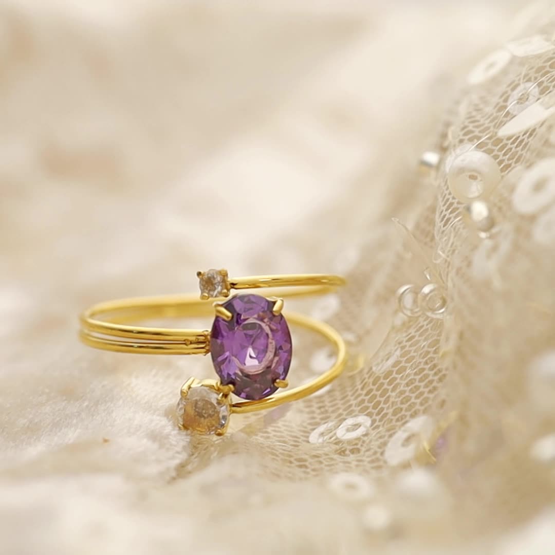 Purple Zircon Titanium Steel Ring – Adjustable Gold-Plated Luxury Women’s Jewelry