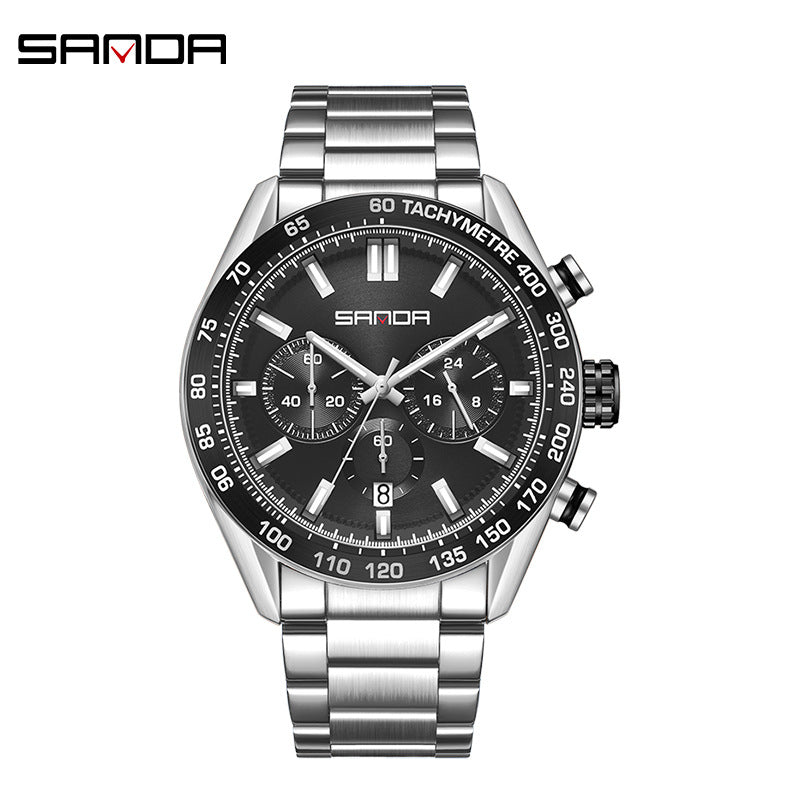 Sanda Men's Quartz Watch – Three-Eye Calendar Stainless Steel Strap Waterproof