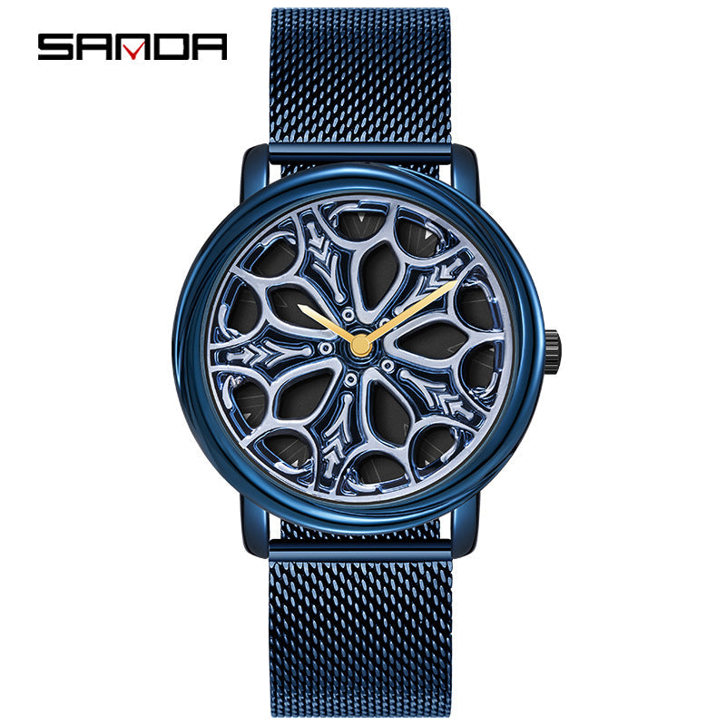 Sanda Men’s Quartz Watch – Rotating Dial, Mesh Stainless Steel Strap, Casual Timepiece