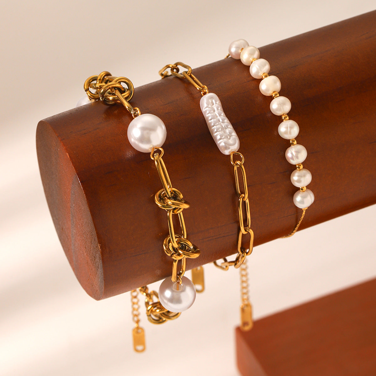 Elegant Pearl Chain Bracelet Set for Women – Gold Stainless Steel (Pack of 3)