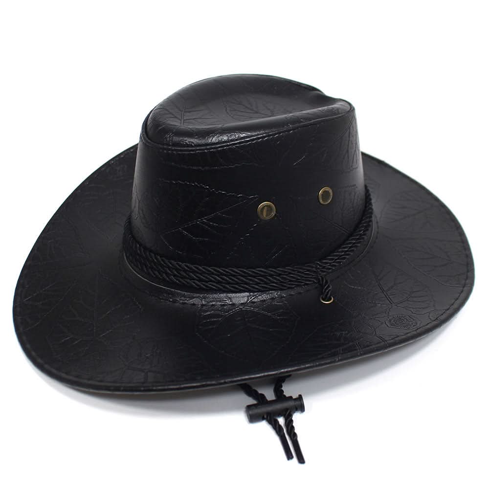 Leaf Pattern PU Leather Cowboy Hat – Unisex Wide Brim Western Jazz Hat