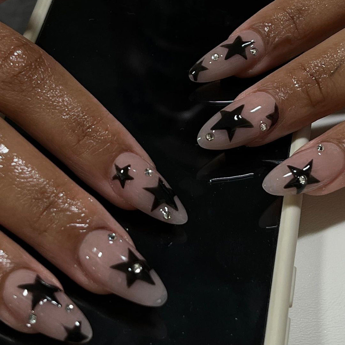 Pink and Black Coffin Press-On Nails – Glossy Rhinestone Star Design Set