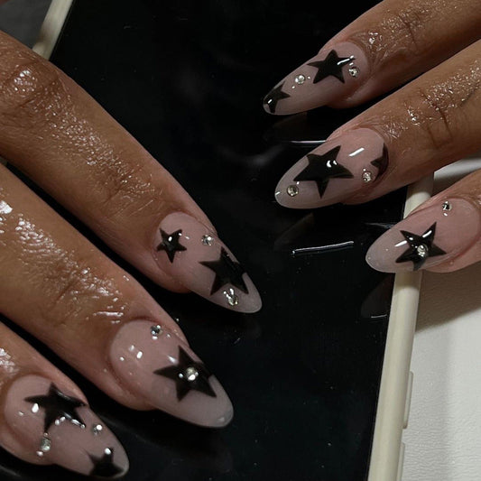 Pink and Black Coffin Press-On Nails – Glossy Rhinestone Star Design Set