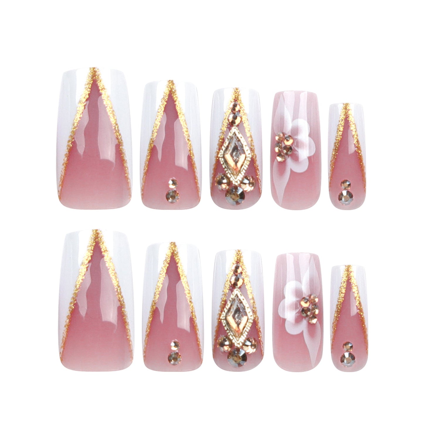 Glamorous V-French Press-On Nails – Long Coffin with 3D Flowers & Glitter Tips