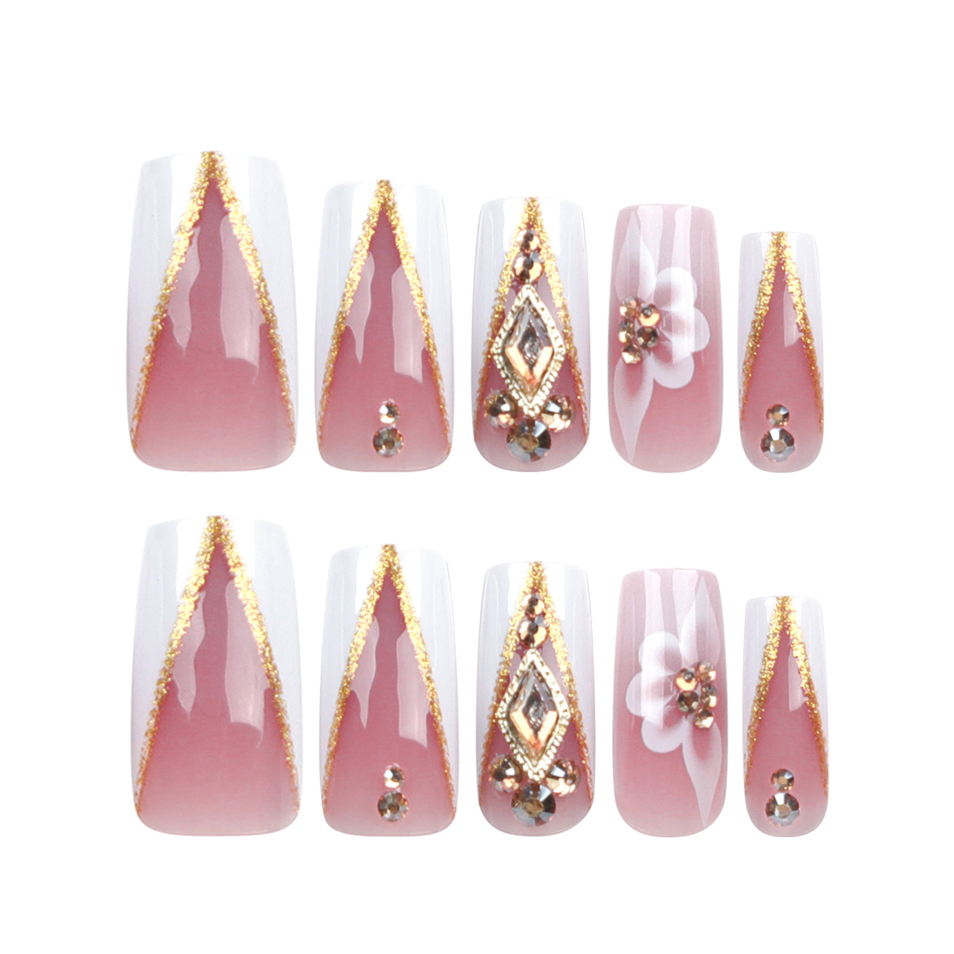 Glamorous V-French Press-On Nails – Long Coffin with 3D Flowers & Glitter Tips