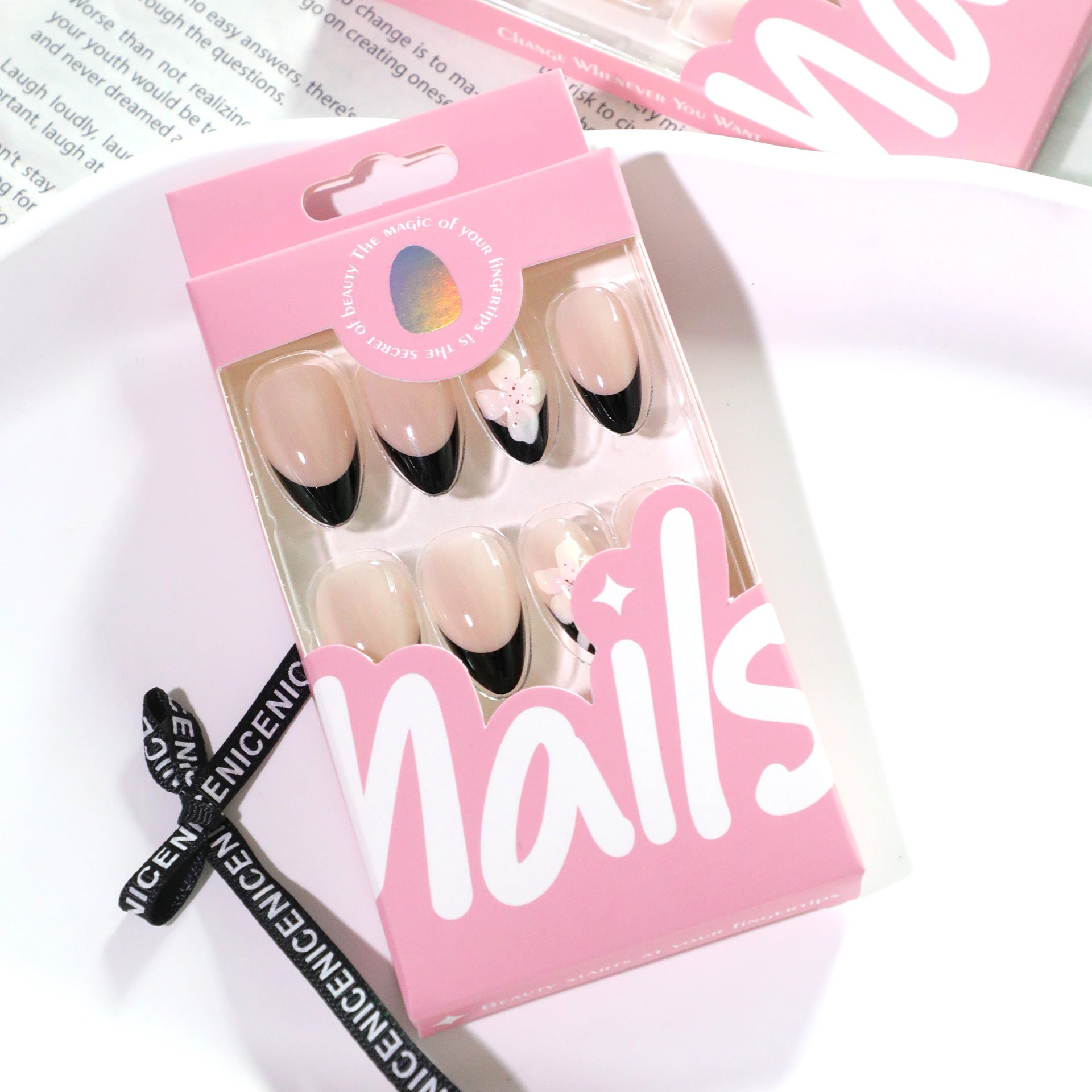 Almond Glue-On Nails with 3D Flowers & French Tips – Nude Black Press-On Nails
