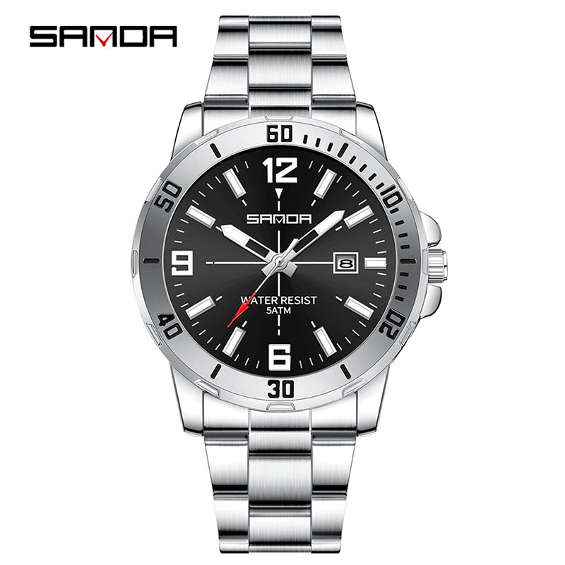 SANDA Men’s Large Dial Quartz Watch – Luminous Stainless Steel Wristwatch with Calendar
