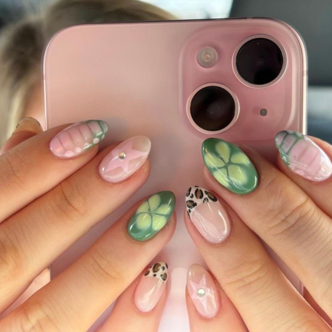 Trendy Oval Press-On Nails with Mixed Art Design – Geometric Patterns Glue-On Set