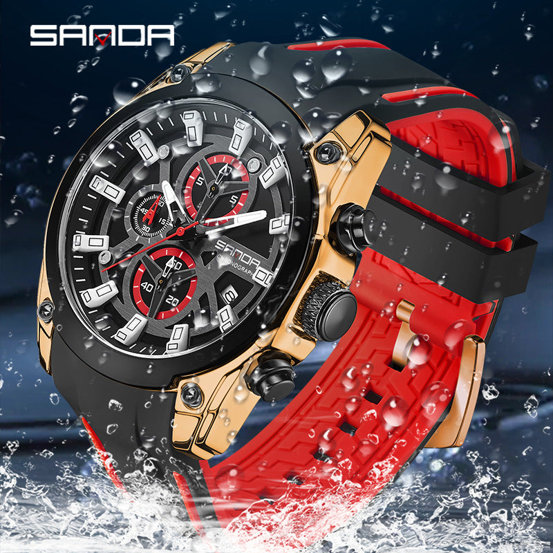 SANDA Luminous Men’s Quartz Watch – Waterproof Silicone Strap with Calendar