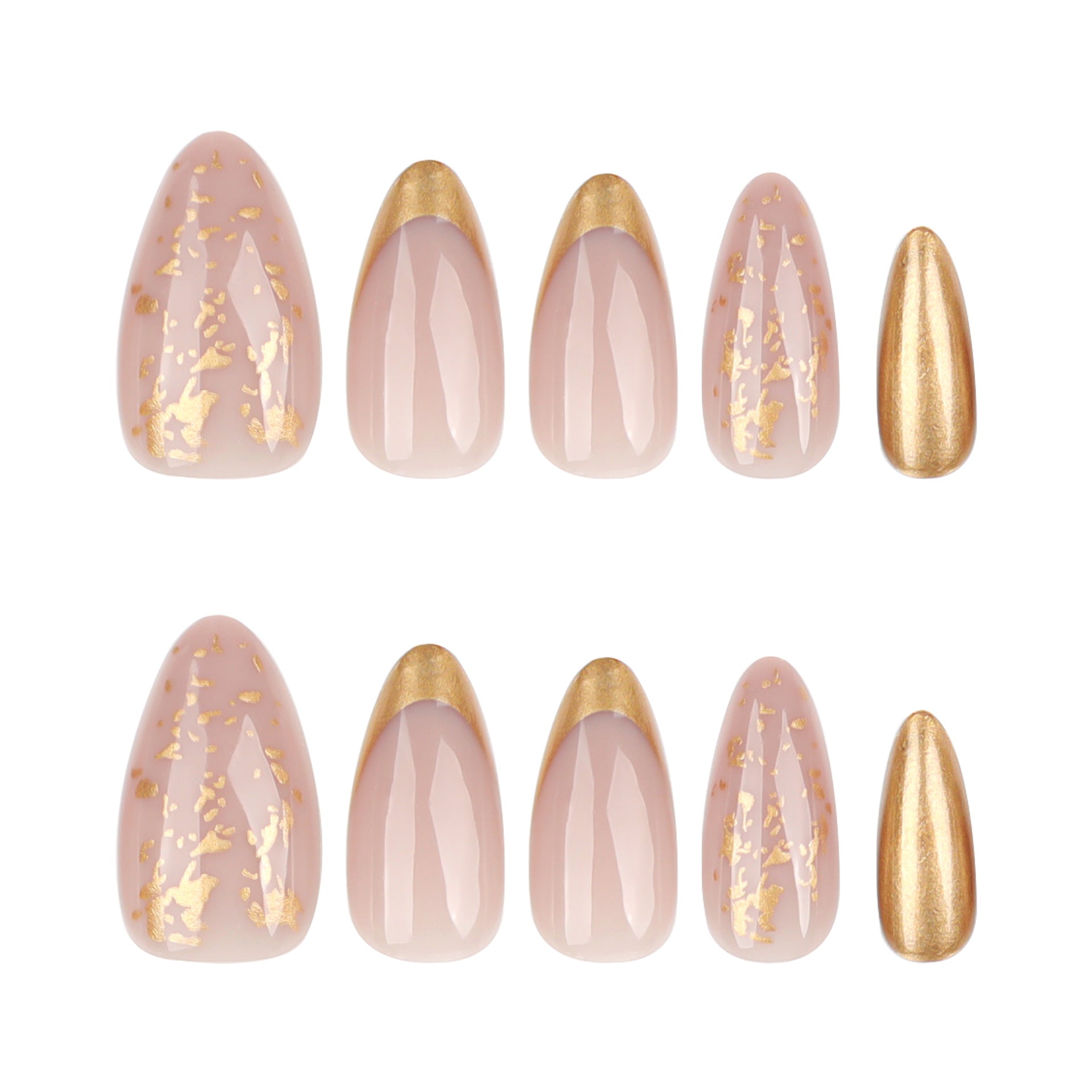 Pearlescent Almond Press-On Nails – Nude & Gold Foil French Tip Glue-On Set