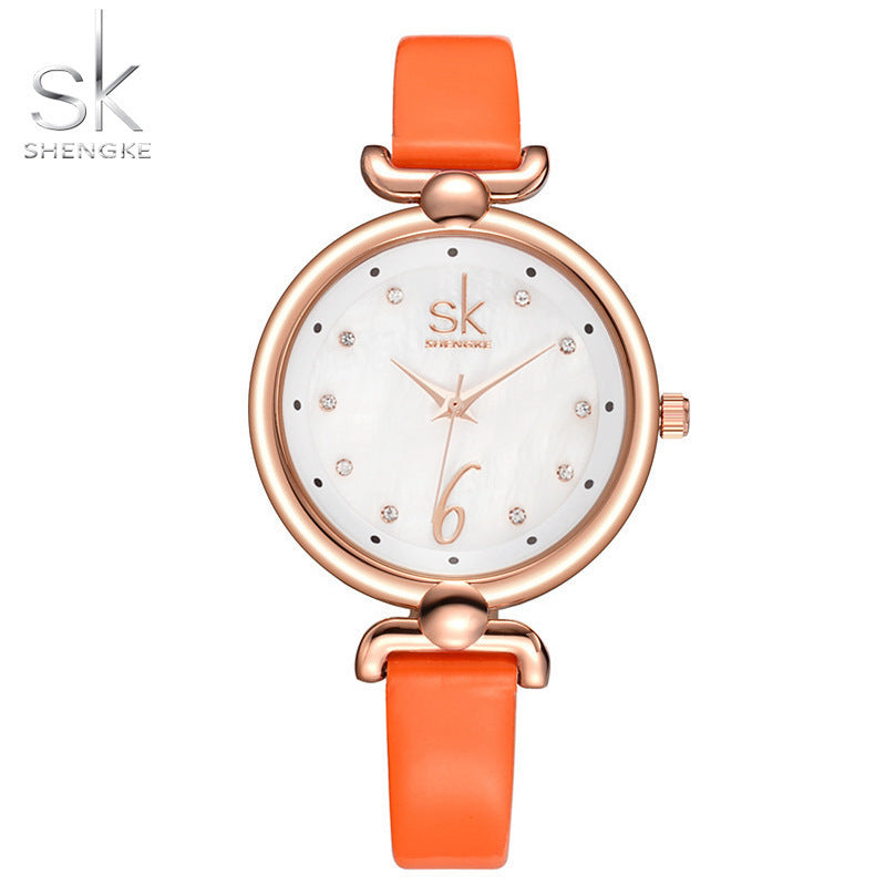 SK Women’s Quartz Watch with Rhinestones – Fashion Leather Strap Wristwatch