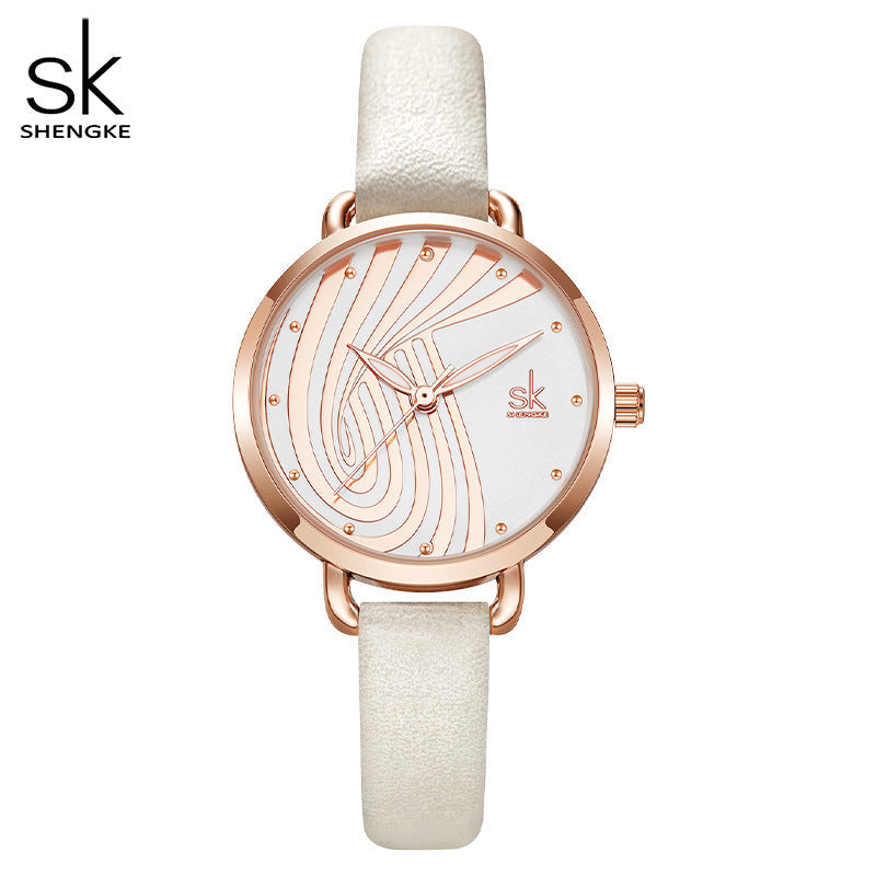 SK Women’s Quartz Watch – Simple Round Dial, Thin Leather Strap, Waterproof Wristwatch