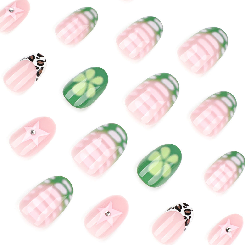 Trendy Oval Press-On Nails with Mixed Art Design – Geometric Patterns Glue-On Set