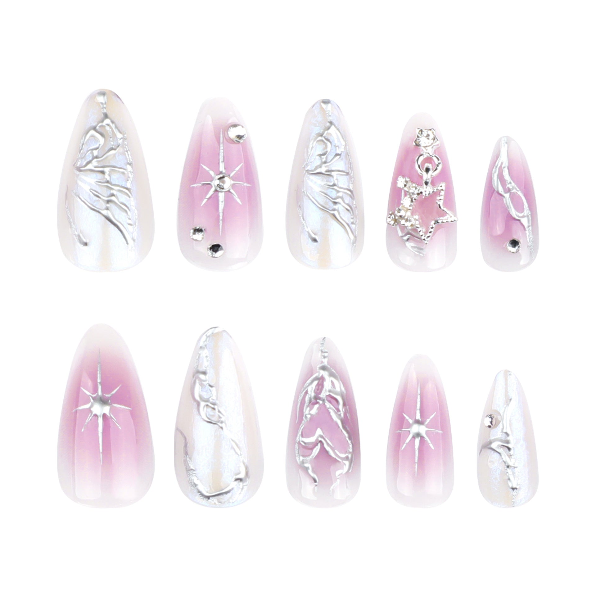 Glossy 3D Star Coffin Press-On Nails – Long Pink White Gradient False Nails