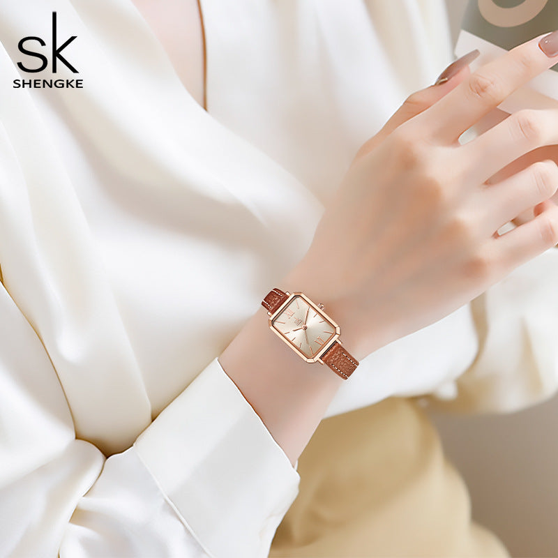 SK Women’s Quartz Watch – Square Dial, Leather Strap, 30M Waterproof Fashion Wristwatch