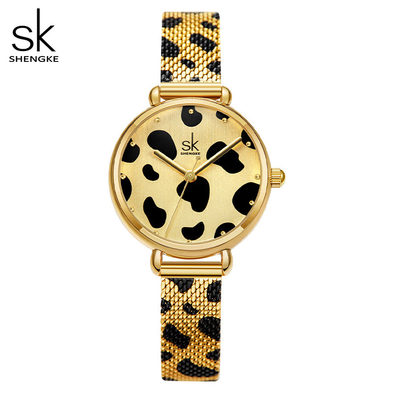 SK Women’s Quartz Watch – Leopard Print Mesh Strap, Slim Waterproof Fashion Design
