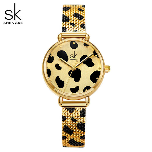 SK Women’s Quartz Watch – Leopard Print Mesh Strap, Slim Waterproof Fashion Design