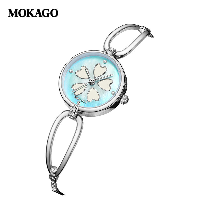 MOKAGO Women’s Quartz Watch – Sakura Petal Dial, Diamond Accent, Waterproof Bracelet