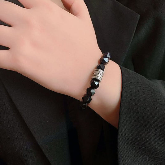 Black Beaded Bracelet – Faceted Stone Hexagon Design