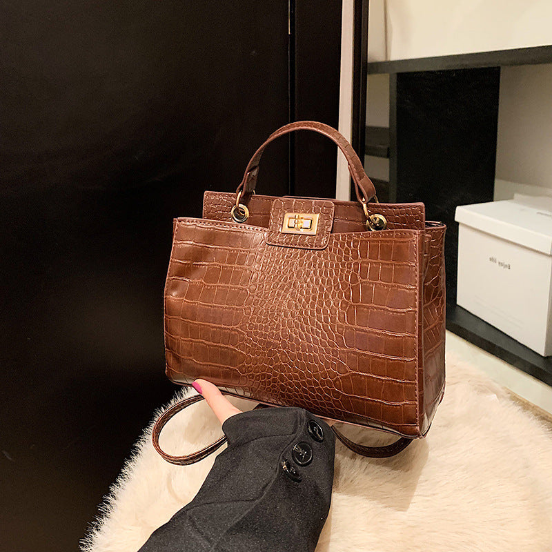 Retro PU Bucket Handbag for Women – Croc Texture Crossbody Shoulder Bag