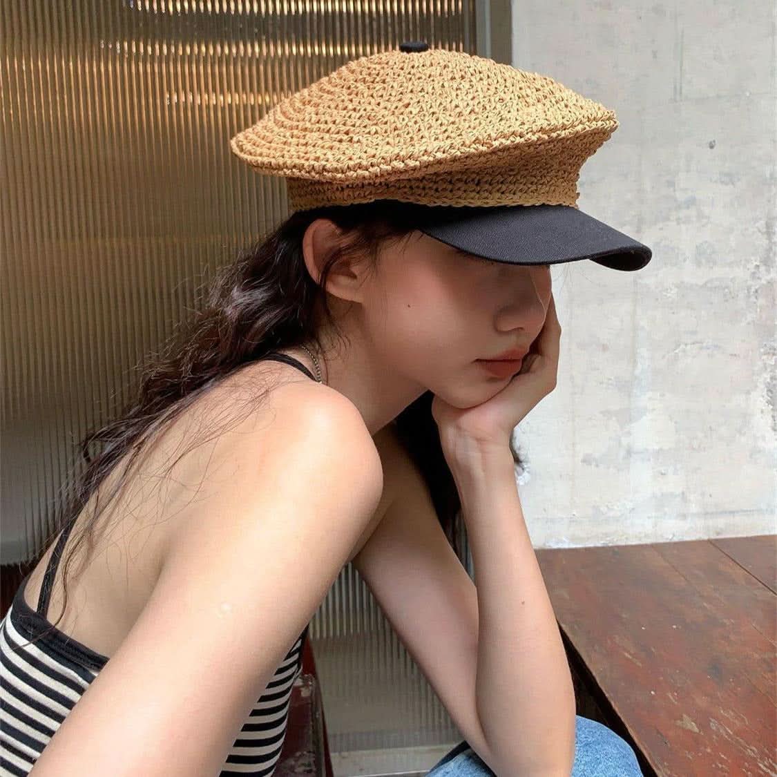 Women's Handmade Straw Octagonal Hat – Retro Crochet Hat