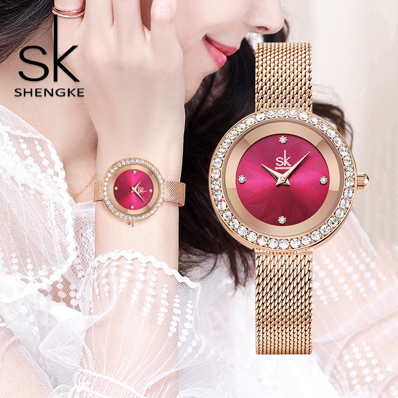 SK Women’s Diamond Quartz Watch – Luxury Mesh Strap, 30M Waterproof Wristwatch
